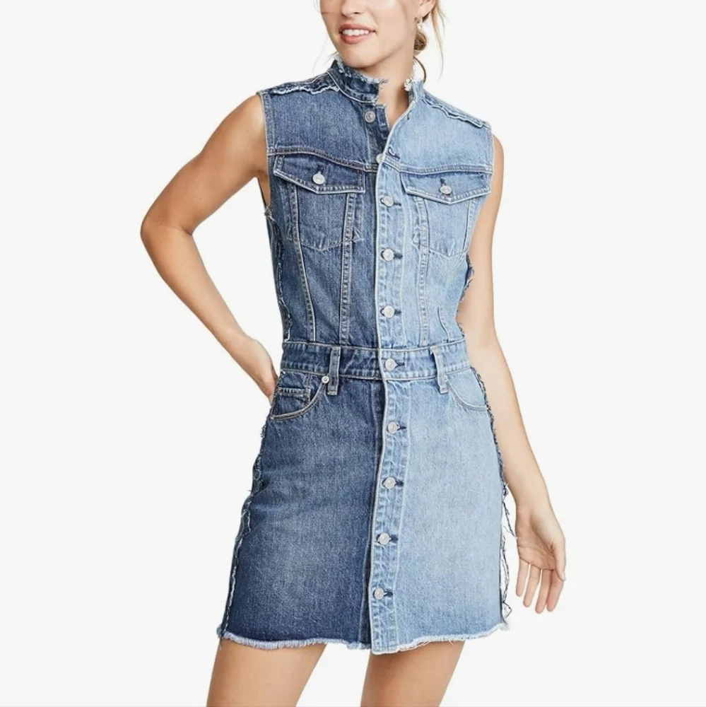 HUDSON DIY Pieced Two-Toned Distressed Button Down Sleeveless Denim Dress SIZE:M - Picture 1 of 16